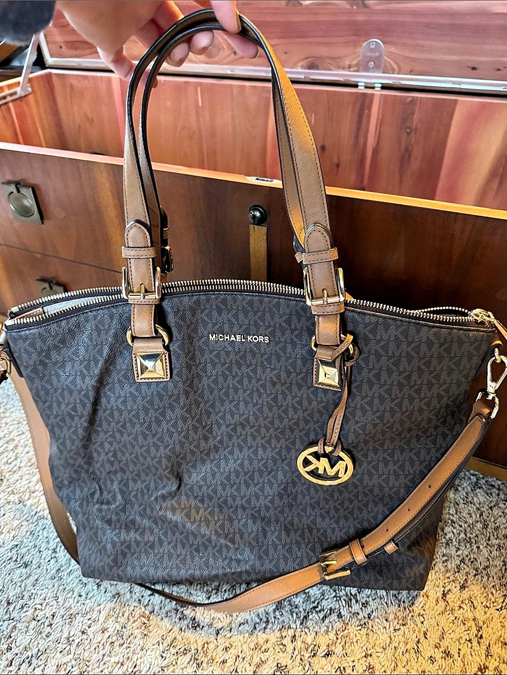Michael Kors Jet Set Travel Large Signature Logo Tote Bag Brown & Black